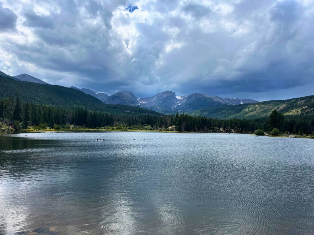 a wide lake with a mountain backdrop at Sprague Lake in Rocky Mountain National Park
