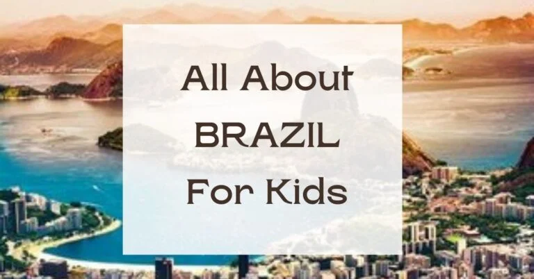 all about Brazil for kids Rio in background, blue water, orangish yellow sky