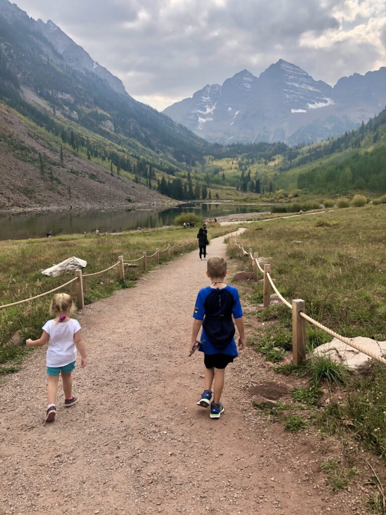 kids walking on trail at Maroon Bells Aspen Colorado