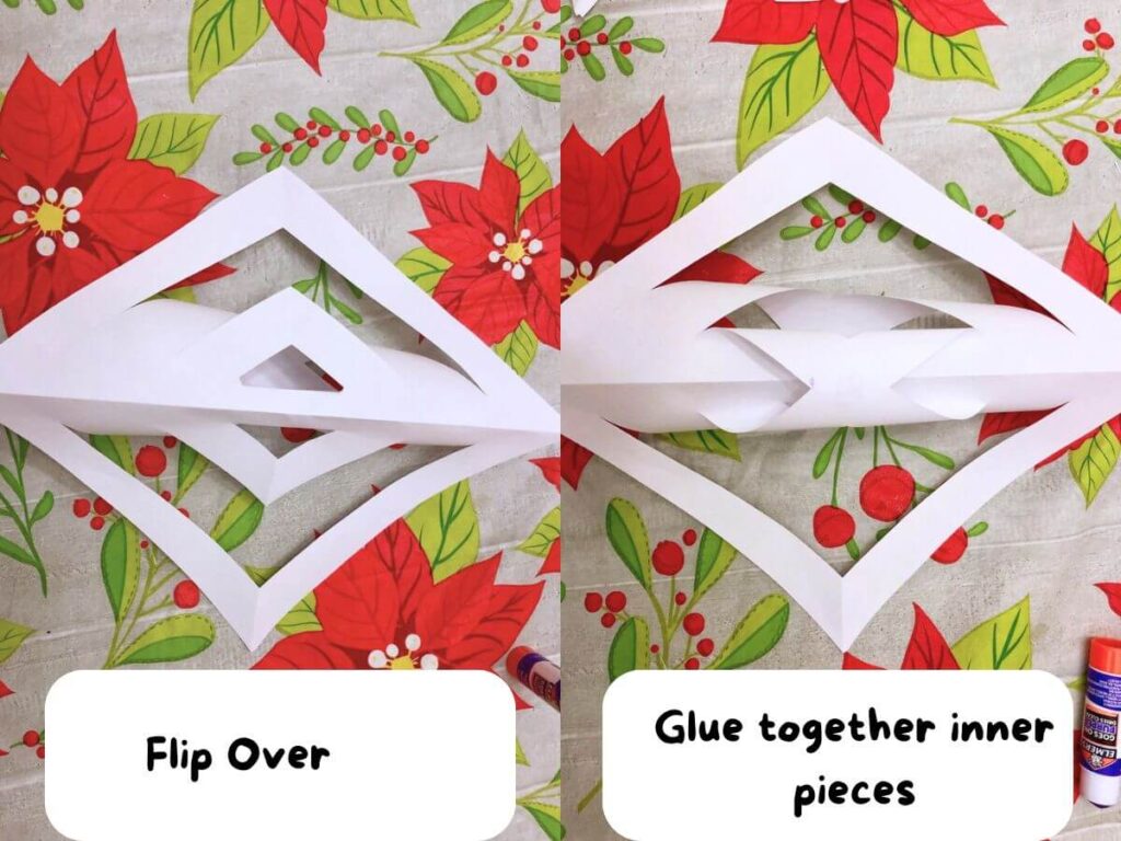 Two side by side pictures of white paper cut in strips and rolled and glued together to form a piece of a giant paper snowflake
