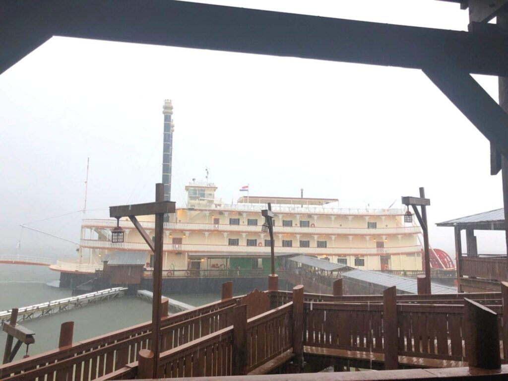 Large showboat Branson Belle outside in the rain in Branson Missouri