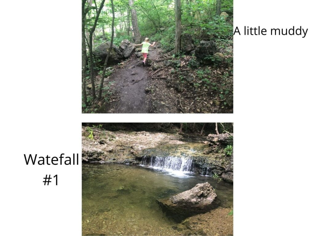 a muddy trail and a small waterfall
