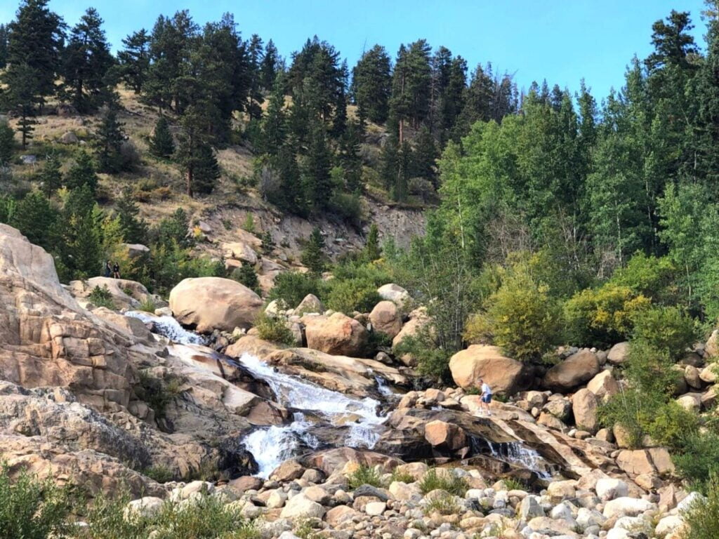 water flowing down rocks at Alluvian Fan in Rocky Mountain National Park with kids hikes