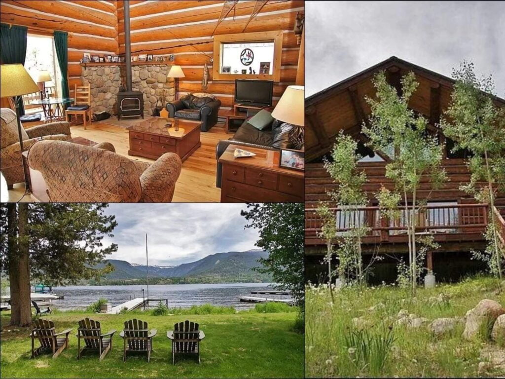 cabin in Grand lake collage, living area, outdoors on lake, cabin exterior