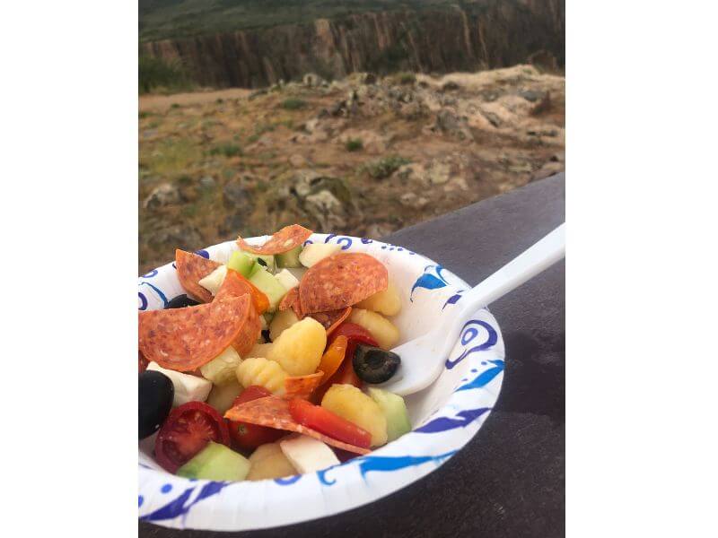 easy road trip meals: pasta salad with pepperoni, cucumber, olives, cucumber