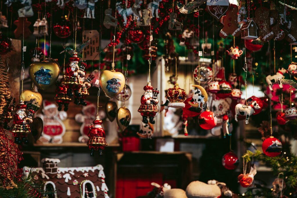 Christmas ornaments hanging at a Christkindl market
