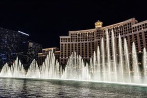 Top Family Hotels in Las Vegas Bellagio at night with fountains in front