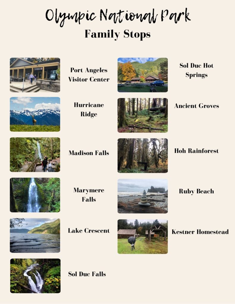 a quick visual guide to Olympic National Park for families.  11 pictures of family stops in the park.  They are Port Angeles Visitor Center
Hurricane
Ridge
Madison Falls
Marymere
Falls
Lake Crescent
Sol Duc Falls
Sol Duc Hot Springs
Ancient Groves
Hoh Rainforest
Ruby Beach
Kestner Homestead