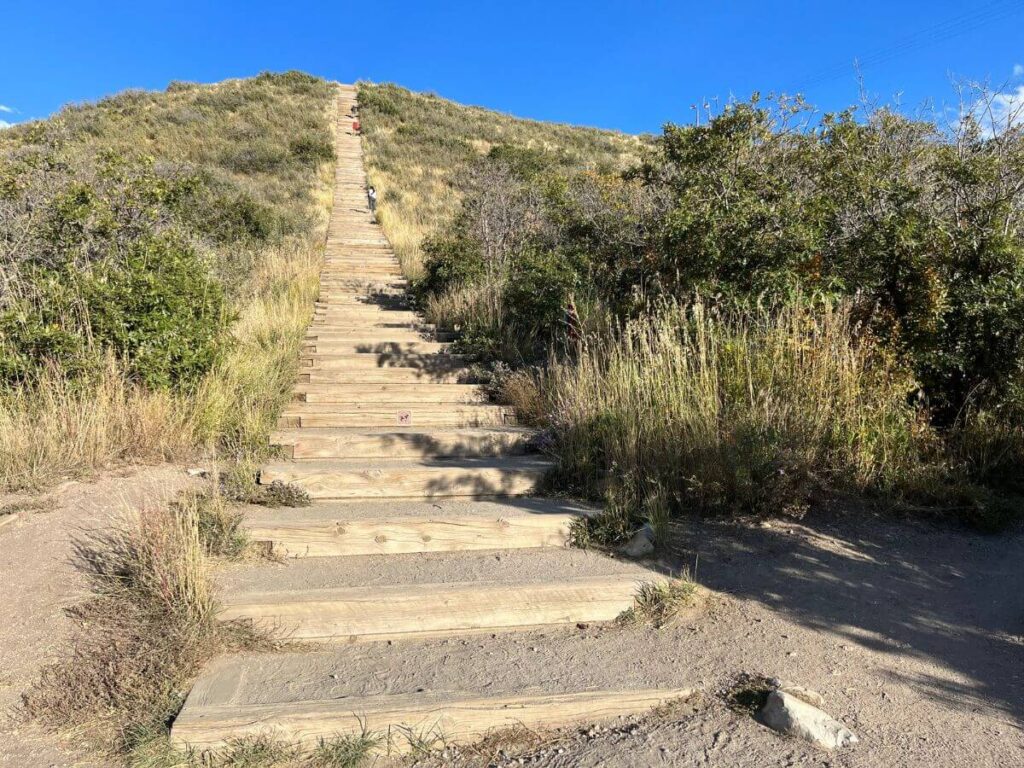 flat, deep wooden stairs covered in gravel going up a steep hillside