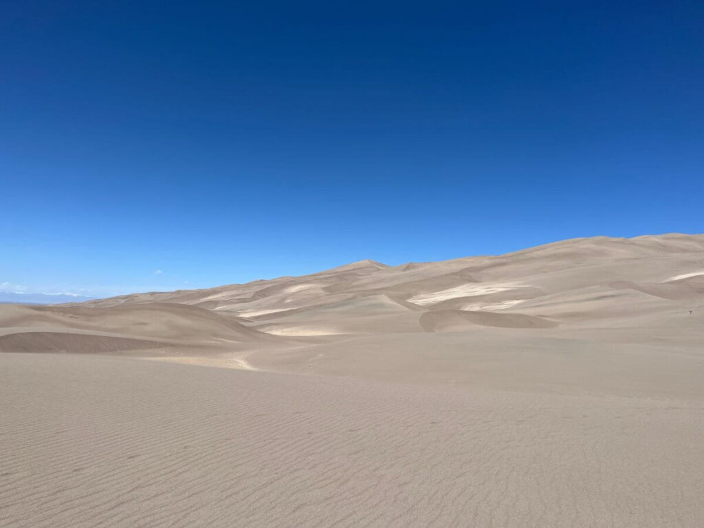 Great Sand Dunes National Park on a clear day, gentle waves in the mountain of beige sand