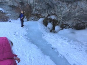 Zapata falls in winter ice slide