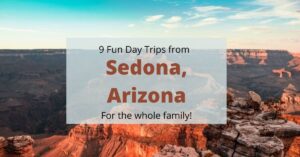 Bright red/orange rock behind text. Day trips from Sedona