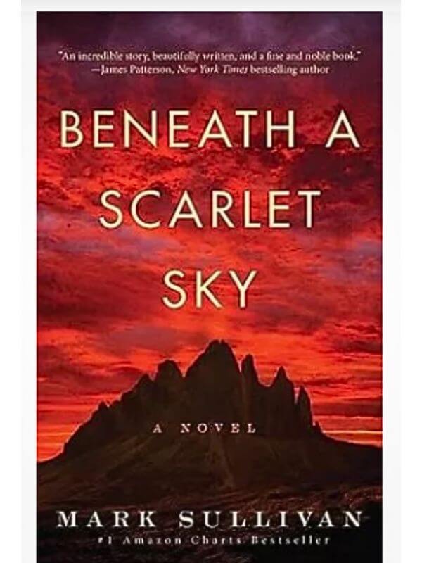 Book cover for Beneath a Scarlet Sky by Mark Sullivan. This book set in Italy has a deep red cover with a dark silhouette below