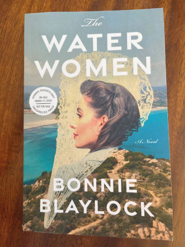 Book Cover for The Water Women - Bonnie Blaylock.
A woman loos to the left with an off white veil designed behind her.  The shoreline and ocean is behind that