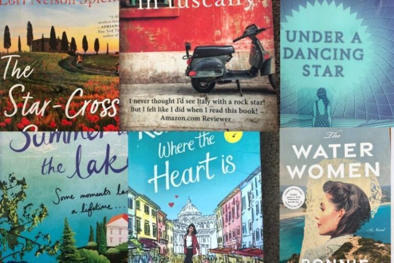 6 book collage featuring books set in Italy.