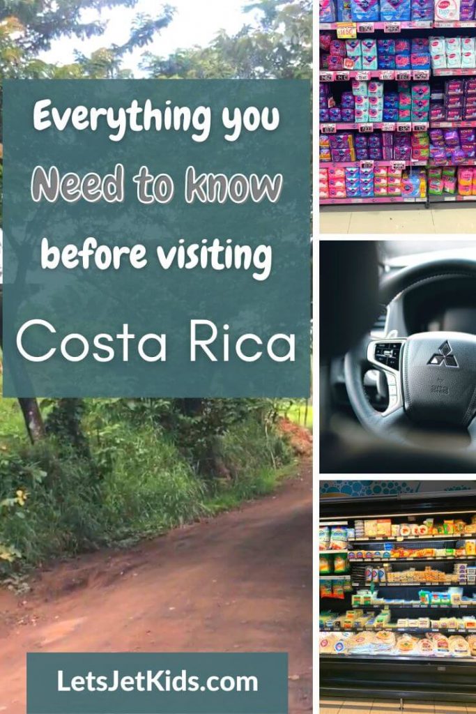 What to know before traveling to costa rica pinnable image with 4 pictures, dirt road, shelves of pads, up close of a steering wheel, grocery display of cheeses