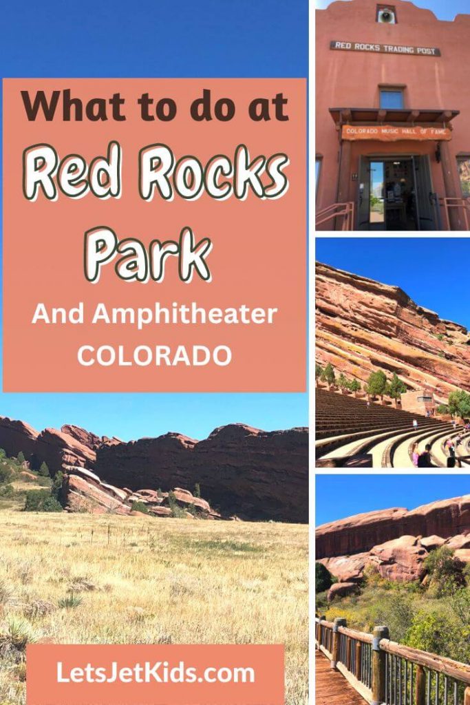Red Rocks Park pin image: red rock formations with dry grass in foreground, front door to Red Rocks Trading post, red rocks amphitheater with rows of seats and large red rock wall in back, wooden bridge with green trees to the side and red rock wall in background