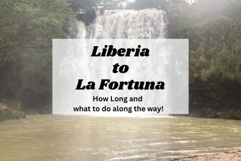 Liberia to La Fortuna feature image, waterfall in background with text overlay