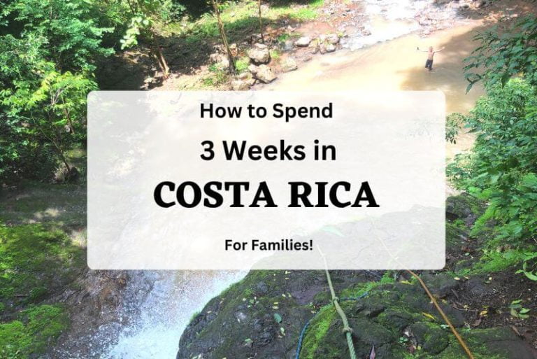 looking down at a swim hole from up high, text overlay of 3 weeks in Costa Rica