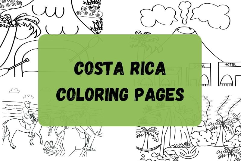 Costa Rica Coloring pages, 4 different, with text overlay