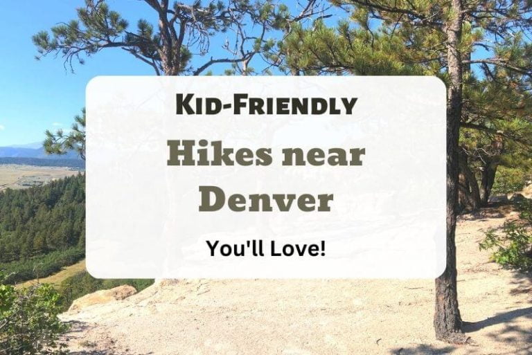 rock floor with trees, looking out to a blue sky with text overlay "kid-friendly hikes near Denver"