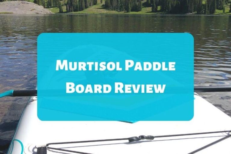 Close up of paddle board on a lake with text overlay "Murtisol PAddle board review"