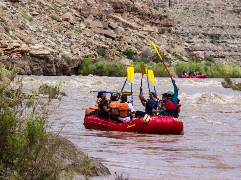 kids raising paddles on a raft on the river