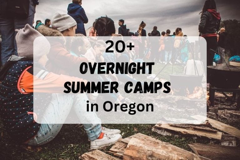 lots of kids sitting near a fire, text of 20+ overnight summer camps in Oregon