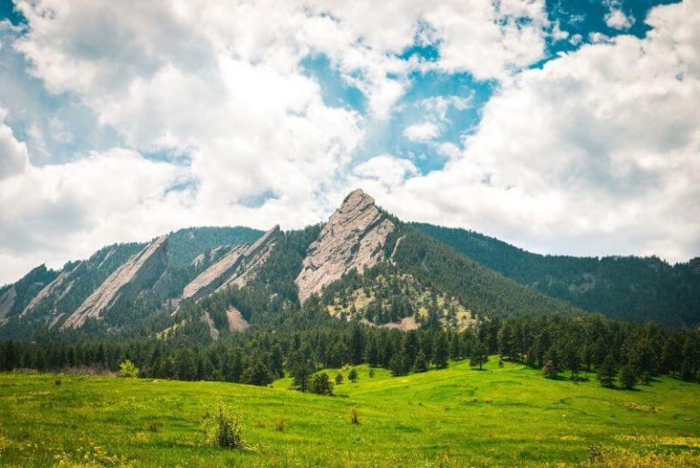 mountain in back of green field