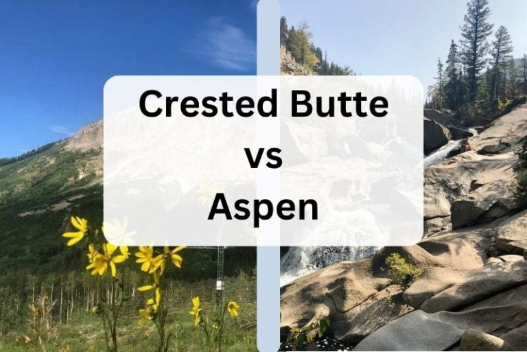 left image with yellow flowers in foreground, big mountain in back; right image lots of rock with a waterfall; text Crested Butte vs Aspen
