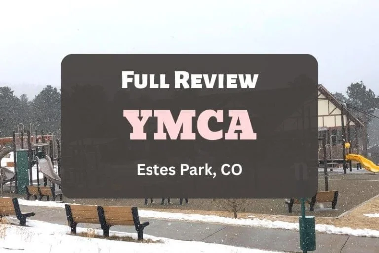 large image of playgound in the snow and text overlay of Full Review YMCA Estes Park