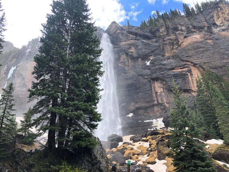 tall waterfall coming down a straight mountainside, tall pine tree in front