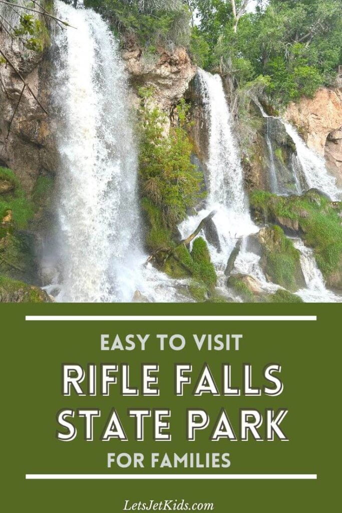 Pin image with waterfalls in top picture, text in bottom of Rifle Falls State Park for Families