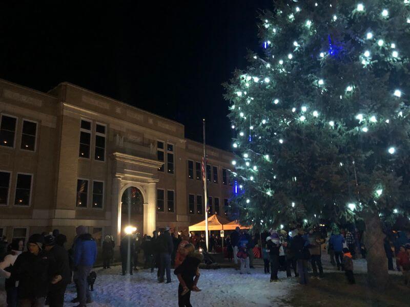 large tree lit with Christmas lights, next to the Steamboat Springs courthouse