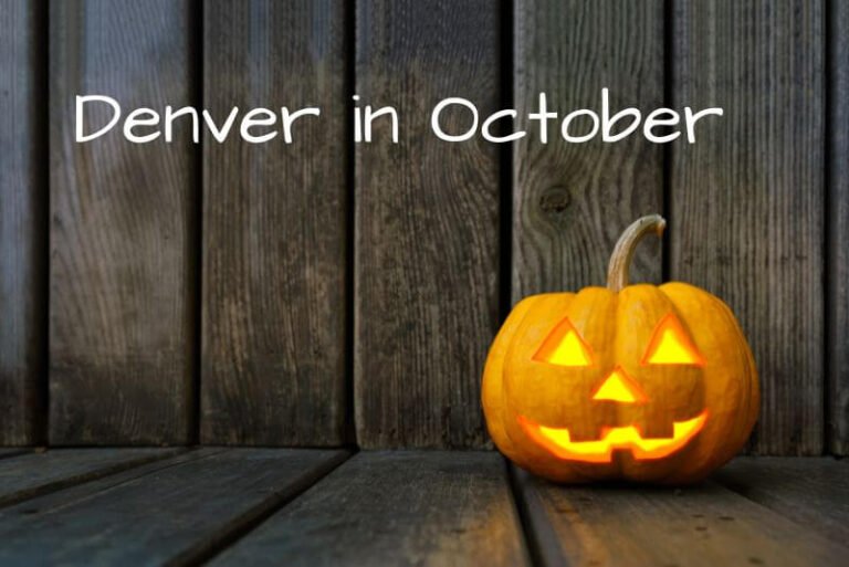 pumpkin carved and sitting on wooden slats with wooden slats behind, text "Denver in October"