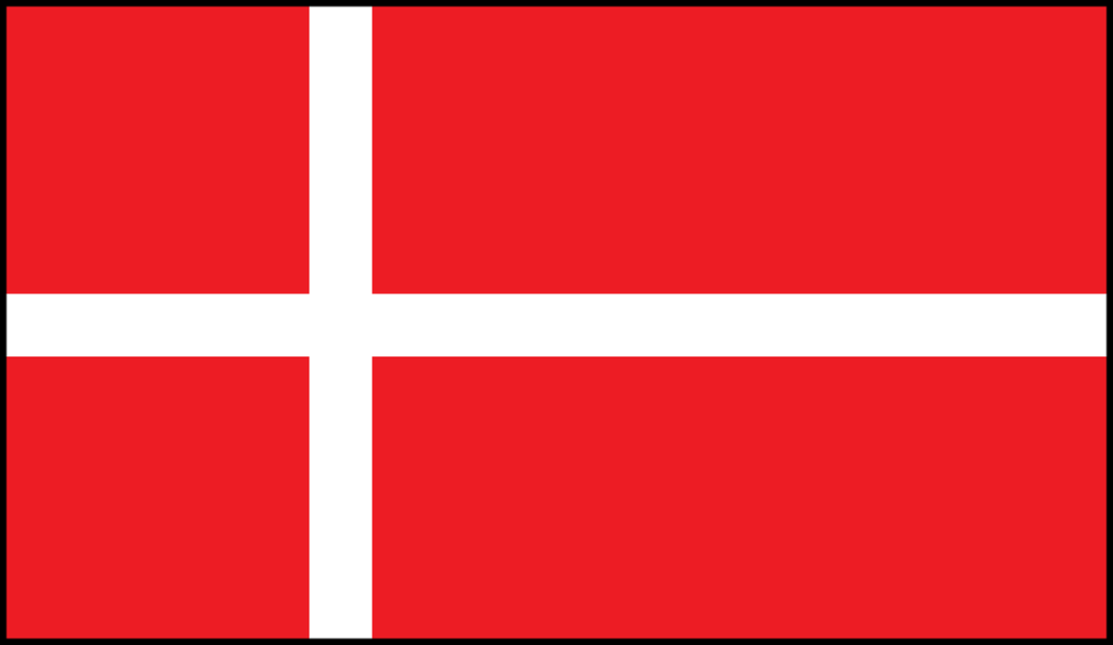 Flag of Denmark, red rectangle with sideways cross shape fallen to the left