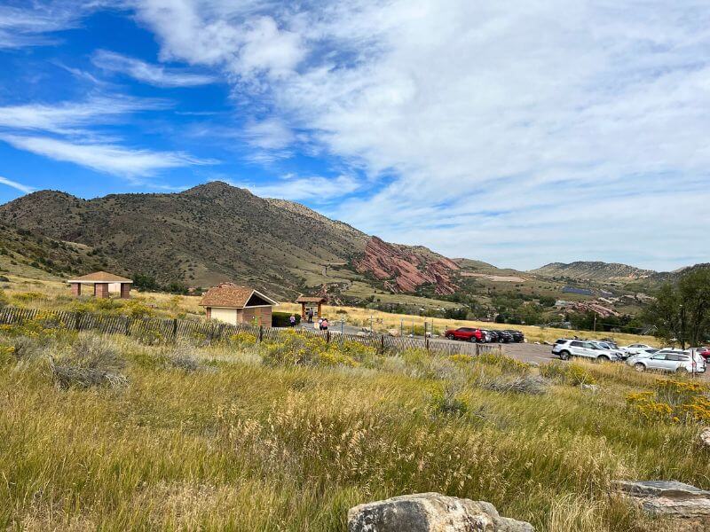 the east entrance at Mount Falcon Park with views of Red Rocks, parking, and trail heads