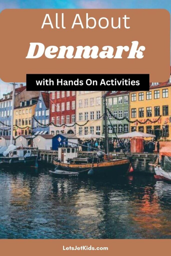 pinnable image with text All About Denmark wtih Hands on Activities, image of colorful Copenhagen homes on the water in background