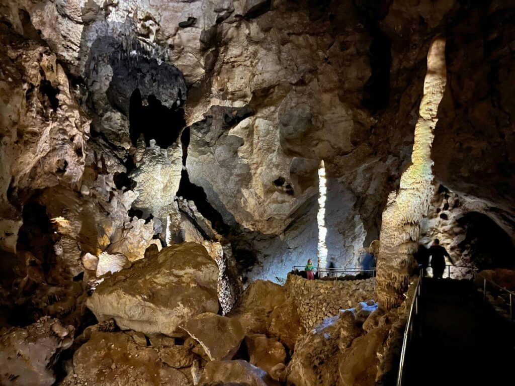 skinny but tall formations growing from the ground up inside a dark, large cave