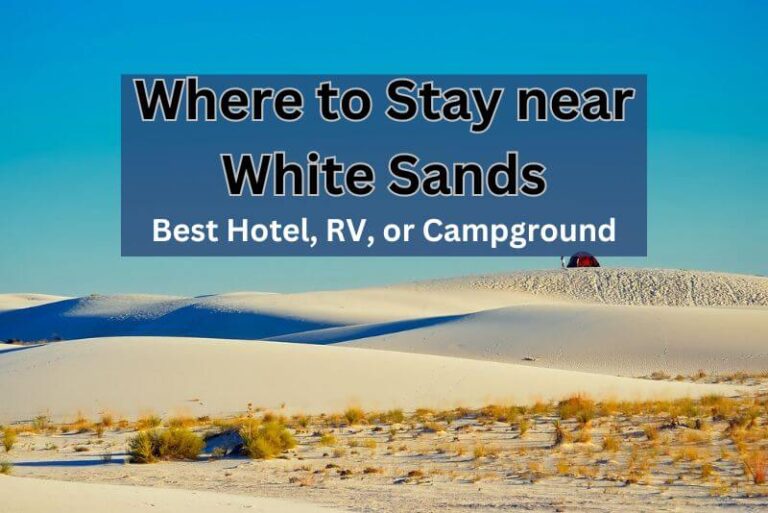 white sand dunes against a blue sky, a red tent in the distance on top of one dune. Text over picture saying "where to stay near White Sands. Best Hotel, RV, or Campground"