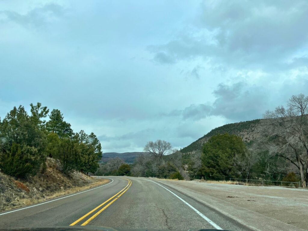 road from White Sands to Carlsbad Caverns in New Mexico.  Road is paved with a turn coming up.  Thin trees along the side with pretty cloudy gray skies