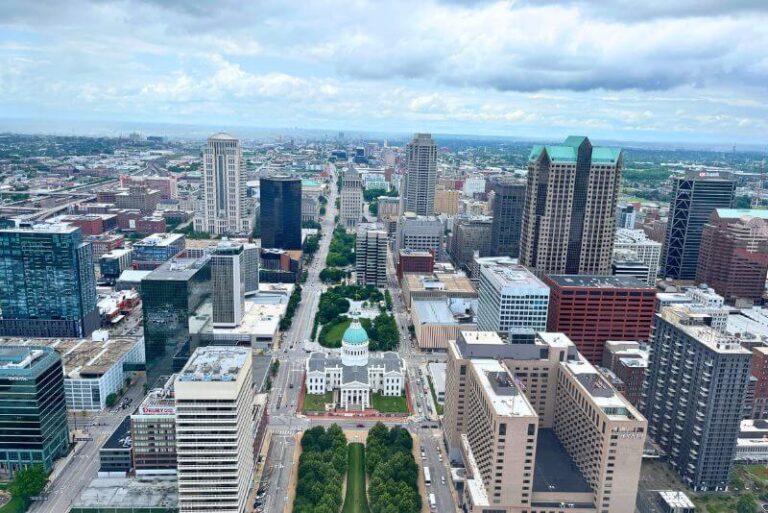 Looking down at the city of St. Louis, the courthouse right in the center.
