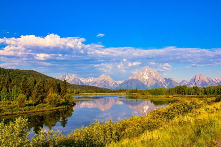 a river cutting through tall grasses with long mountain range in the distance