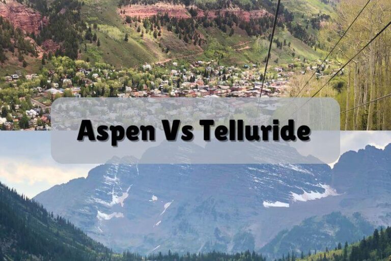 text center "Aspen vs Telluride". Two pictures top and bottom. Top is looking at the town of Telluride from far above. Bottom is the peaks of Maroon Bells