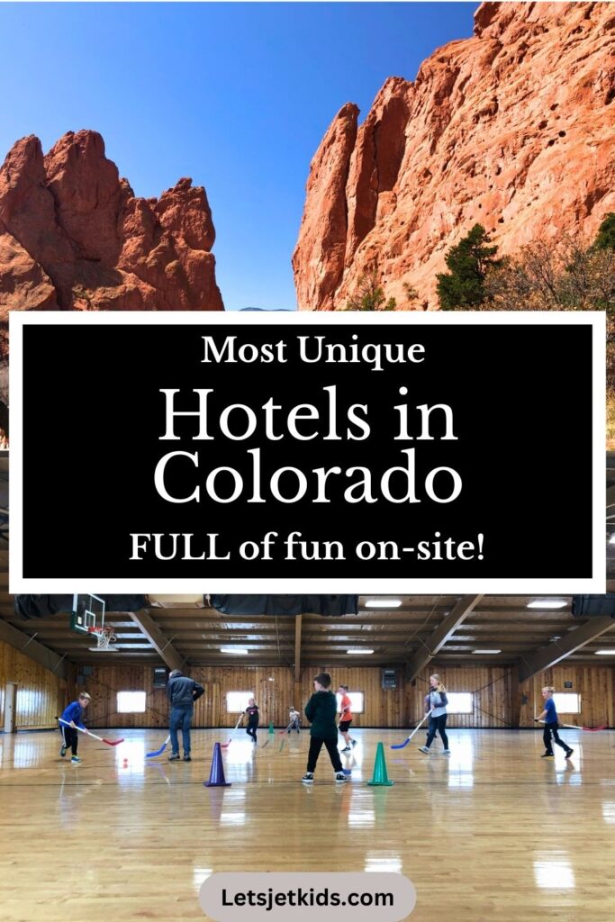 pinnable image of "most unique hotels in Colorado full of on-site fun". Top image is the red rock formations of Garden of the Gods. Bottom image is a large gymnasium with many people playing floor hockey, flourescent lighting above at YMCA Rockies