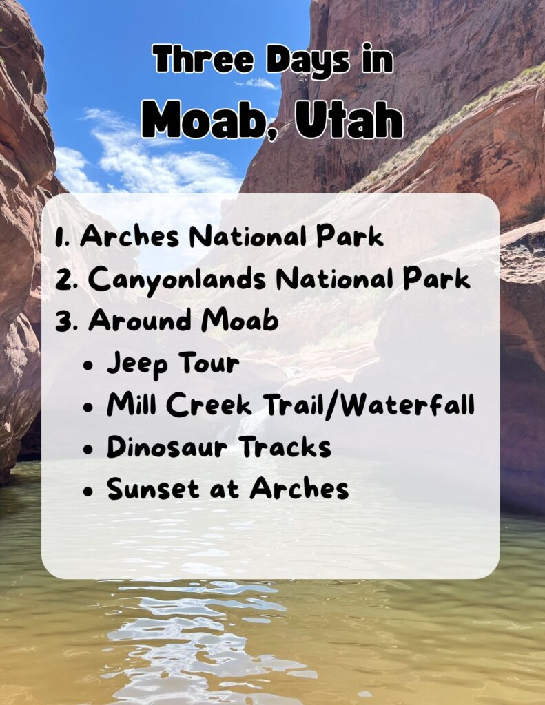 Three days in Moab Utah - 1. Arches National Park 2. Canyonlands National Park 3. Around Moab -Jeep tour - Mill Creek Trail/waterfall - Dinosaur Tracks -Sunset at Arches.
Background image is mill creek falls, a waterfall coming out of reddish beige rock cliffs and into greenish brown clear water below