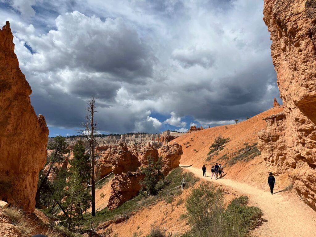 a sandy dirt trail curves on the right alongside a tall rock wall, a few green shrubs on the left of the trail. Thick clouds in the sky at the Queen's Garden Trail in Bryce CAnyon
