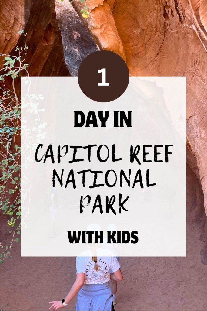 pinnable image of 1 day in capitol reef national park with kids. Background image is young kids heading into a narrow sandy path netween two red rock canyon walls at Capitol Reef National Park