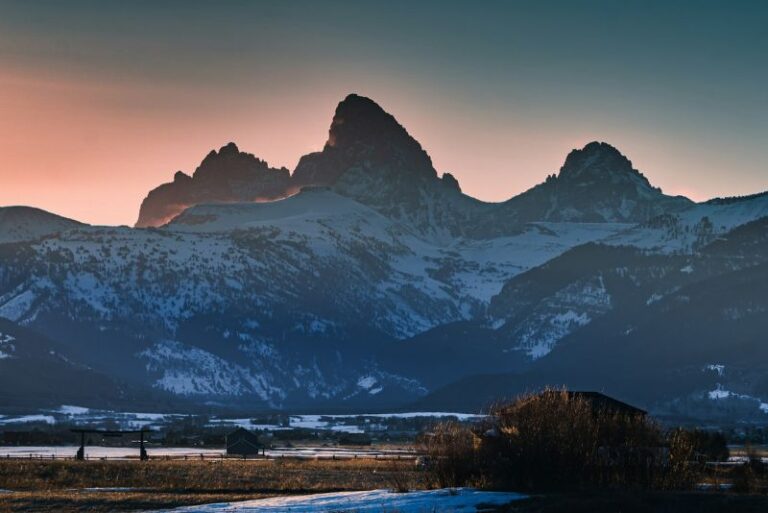 sunset over Grand Teton mountain range from Driggs, ID