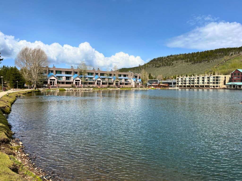Keystone Lakeside Village. Looking over the small lake in the middle of the village. It is empty and calm